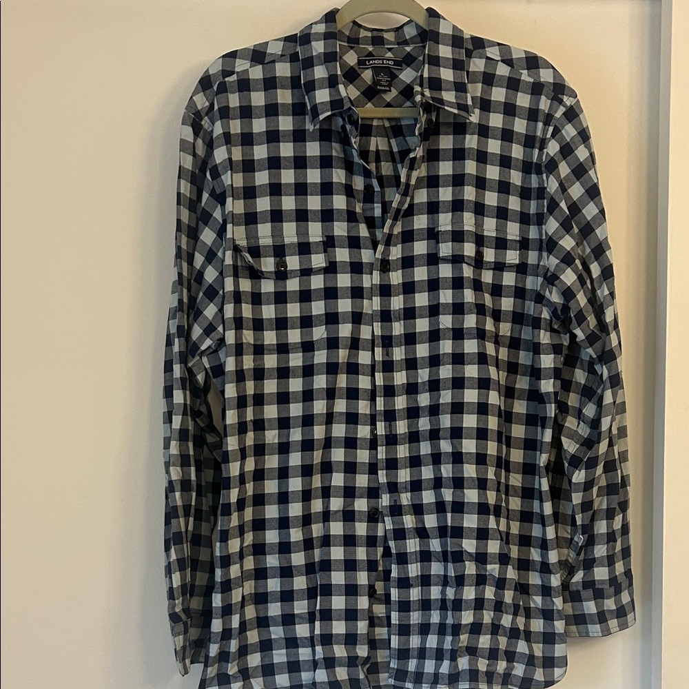 Lands' End Blue and White Checkered Casual Button Down Shirt